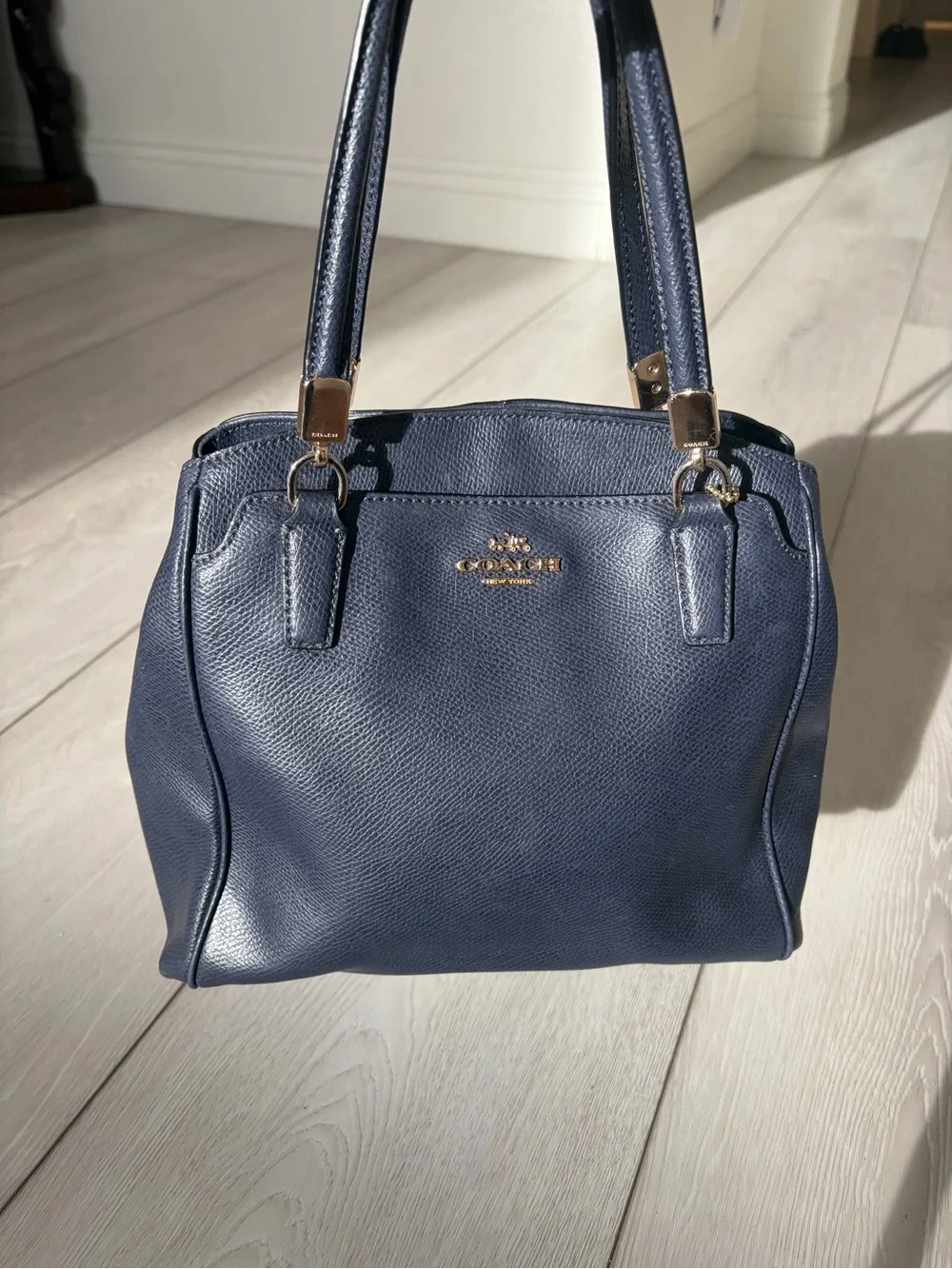 Coach Navy Leather Top-Handle Satchel with Gold Hardware
